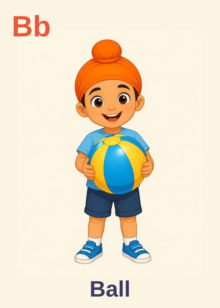 Bb Ball card: a boy in an orange patka holding a beach ball