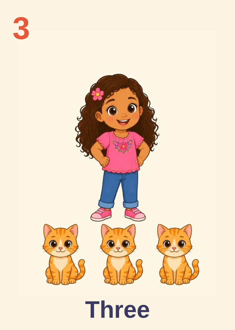 3 Three card: a girl with long curly hair above three kittens