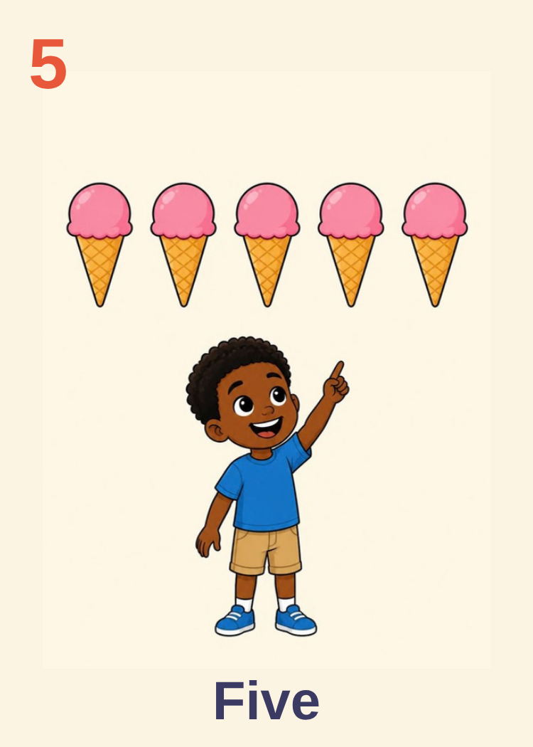 5 Five card: a boy pointing up at five ice-cream cones